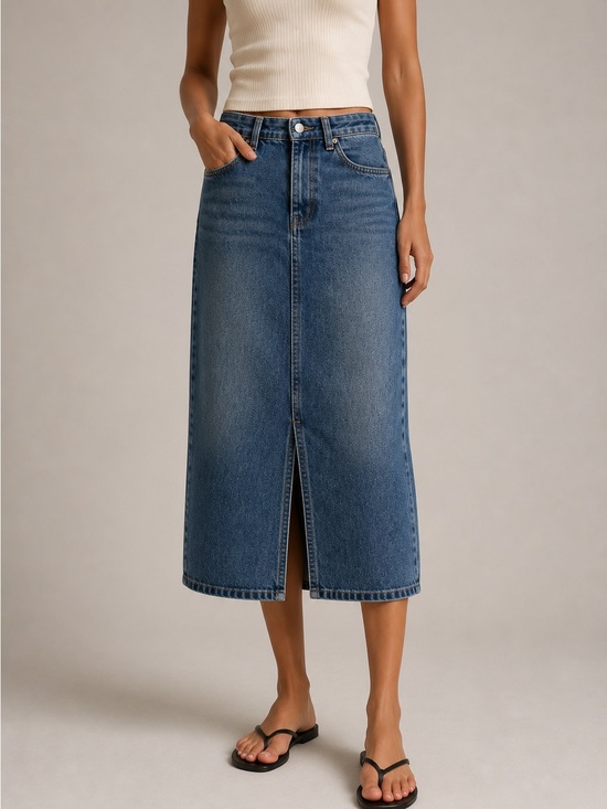 Affordable Fashion Finds Dresses & Skirts - Women’s S Blue Denim Maxi Skirt High Waist Front Slit Long Jean Skirt Y2K Summer